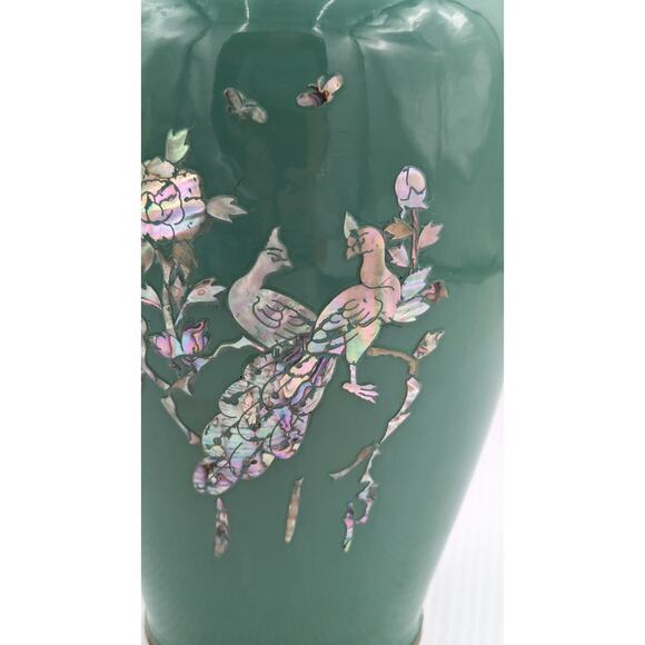 Green Enamel Brass Cloisonne Mother of Pearl Flower Bird Inlay Vase 10" Vintage - Picture 3 of 11